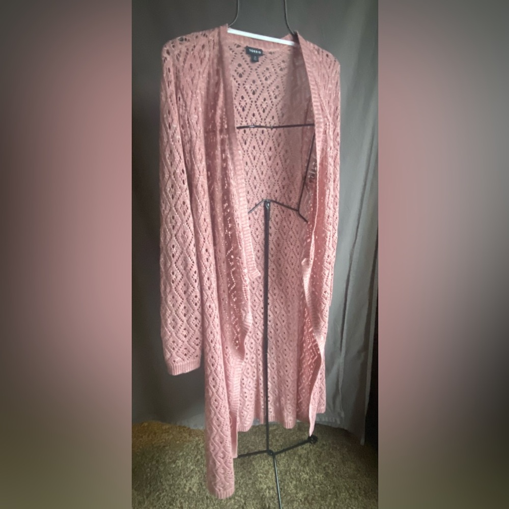 Torrid Size 2 Pink Heather open weave Long Cardigan Sweater coat
